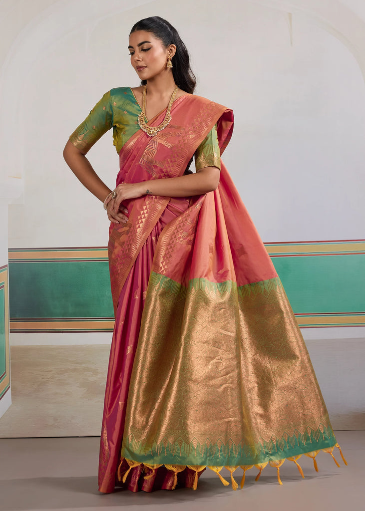 Rust Orange Woven Silk Saree With Contrast Blouse