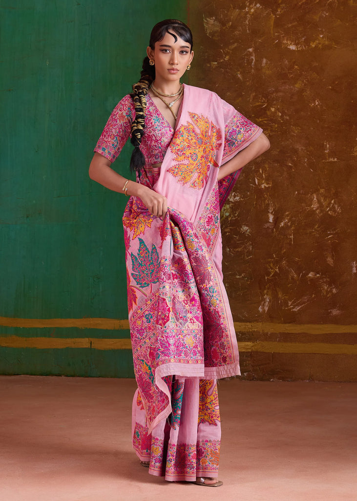 Powder Pink Woven Cotton Kashmiri Jamewar Saree