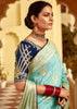 Aruba Blue Woven Banarasi Designer Silk Saree With Embroidered Blouse