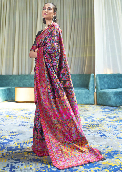 ROYAL BLACK MULTICOLOUR JAMEWAR WEAVE SAREE (6649561579713)
