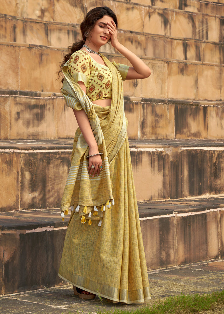 WHEAT YELLOW WOVEN LINEN SAREE WITH KHADI PRINT BLOUSE (6713083003073)