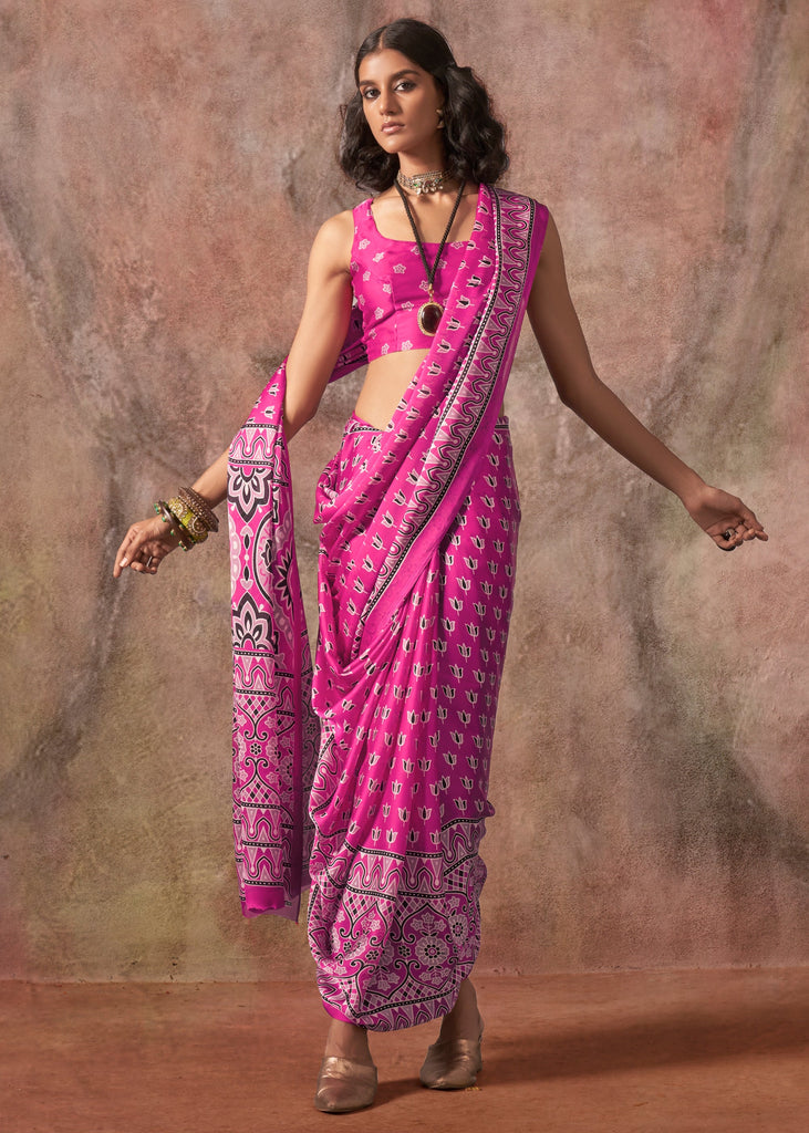 Hot Pink Printed Crepe Satin Silk Saree