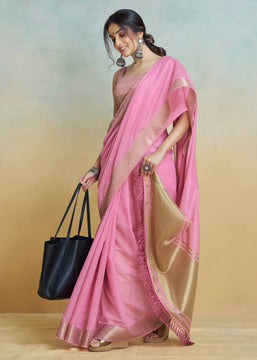 Prism Pink Woven Banarasi Linen Silk Saree