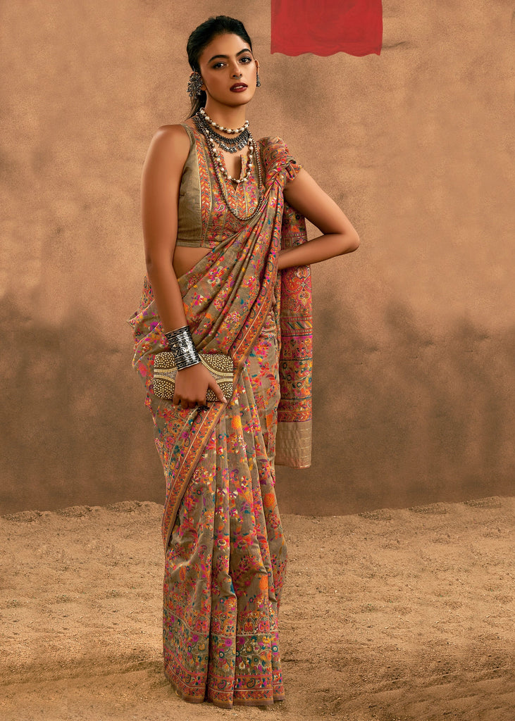 Khaki Brown Woven Kashmiri Jamewar Silk Saree