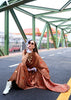 Caramel Brown Satin Crepe Digital Printed Saga Saree With Contrast Blouse