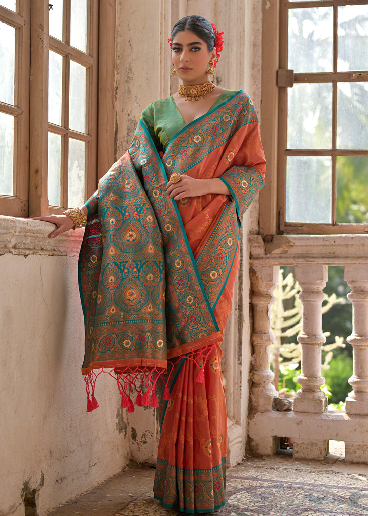 Burnt Orange Woven Banarasi Silk Saree