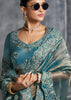 Teal Blue Embroidered Tissue Silk Saree