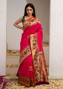 Kamalya: Paithani Saree In Shades Of Pink And Classic Lotus Motifs Border