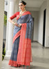 Slate Grey & Red Printed Tussar SIlk Saree