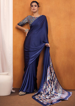 Mazarine Blue Satin Silk Saree with Ajrakh Printed Pallu and Blouse