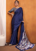 Mazarine Blue Satin Silk Saree with Ajrakh Printed Pallu and Blouse