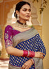 Navy Blue Woven Banarasi Designer Silk Saree With Embroidered Blouse