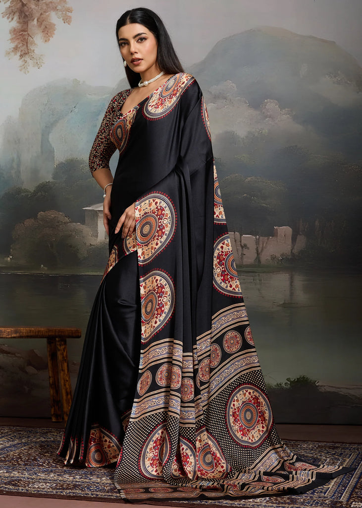 Ink Black Printed Satin Silk Saree