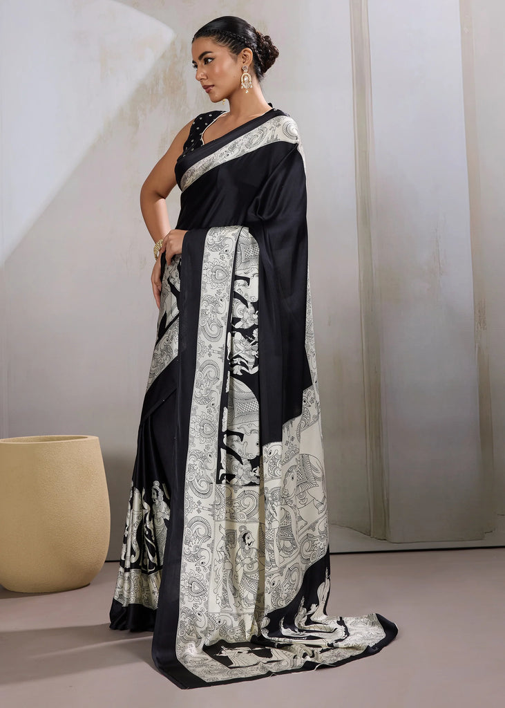 Deep Black Printed Satin Silk Saree