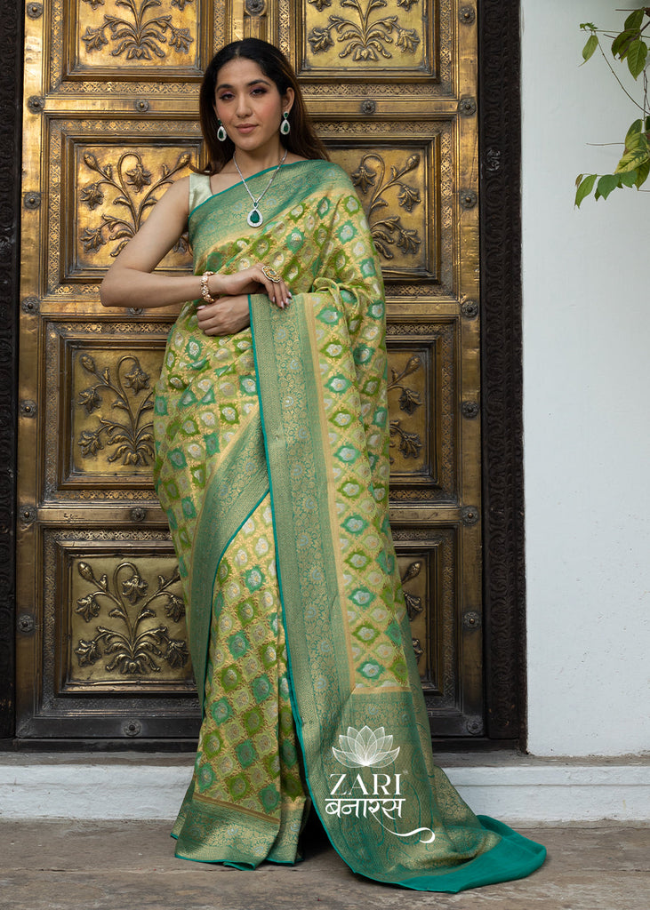 Phalgun : Rangkaat Khaddi Georgette Handloom Banarasi Saree in shades of Green (7490834432193)