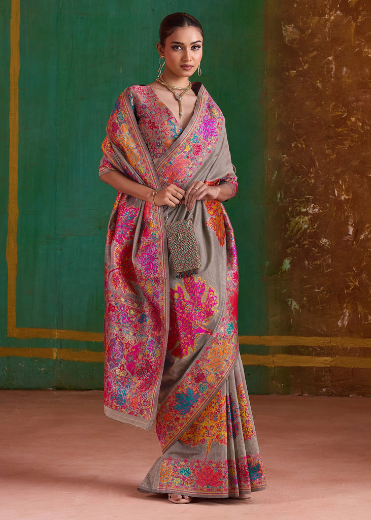 Taupe Grey Woven Cotton Kashmiri Jamewar Saree
