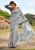 FROSTY GREY WOVEN LINEN SAREE WITH KHADI PRINT BLOUSE (6713088737473)