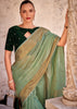 Ming Green Woven Banarasi Linen Silk Saree with Velvet Blouse