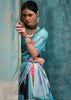 Sea Blue Satin Crepe Printed Silk Saree