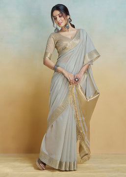 Smoke Grey Woven Banarasi Linen Silk Saree