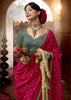 “Exclusive Offer” : Raspberry Pink Woven Designer Embroidered Silk Saree With Contrast Blouse