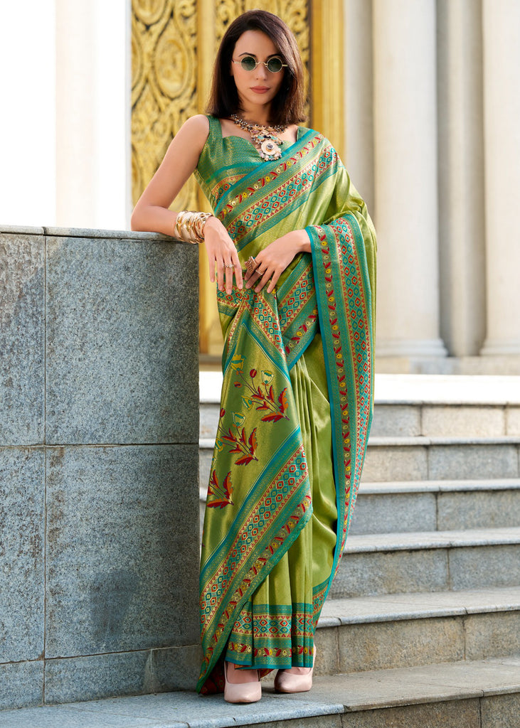 Lime Green  Banarasi Tissue Silk Saree with Contrast Border