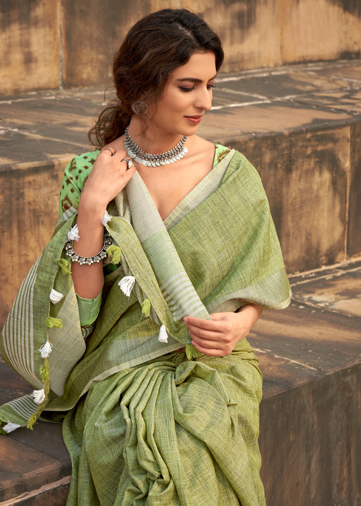 MINT GREEN WOVEN LINEN SAREE WITH KHADI PRINT BLOUSE (6713079791809) (10714426605761)