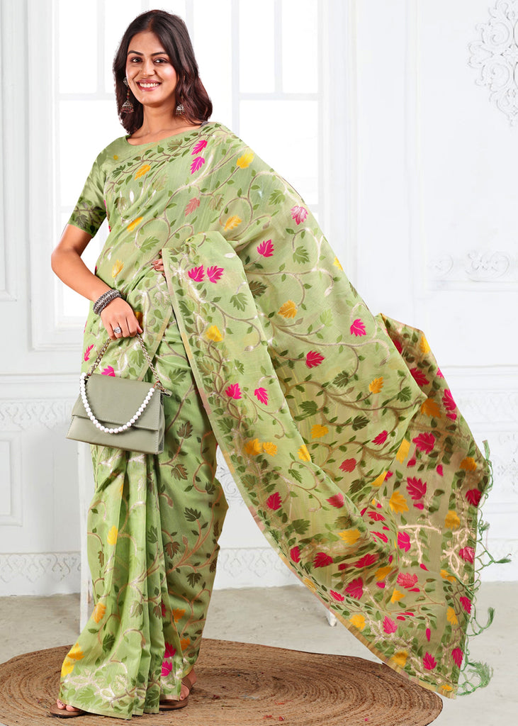 Pista Green Woven Linen Cotton Silk Saree