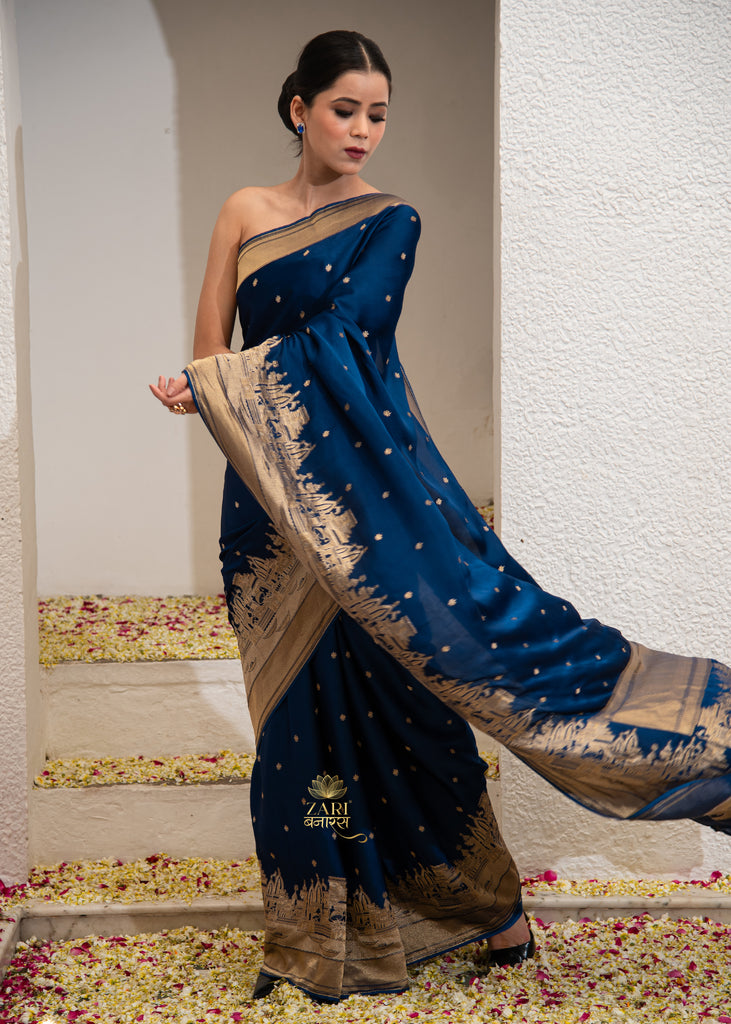 Kashi: Blue Banarasi Satin Silk Saree with Ghats of Banaras in Gold Zari