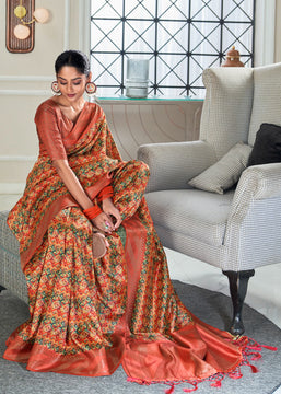 Earthy Red Woven Banarasi Silk Saree With Digital Print