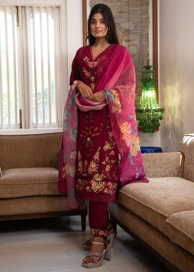 Wine Purple Embroidered Silk Suit Set (10702898495681)