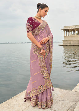 Mist Purple Woven Banarasi Designer Silk Saree With Embroidered Blouse