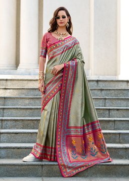 Saga Green  Banarasi Tissue Silk Saree with Contrast Border