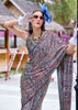 Strom Grey Satin Crepe Digital Printed Saga Saree With Contrast Blouse