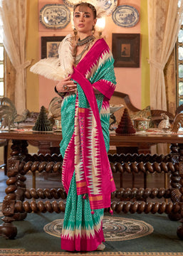 Turqoise Blue Printed Patola Silk Saree