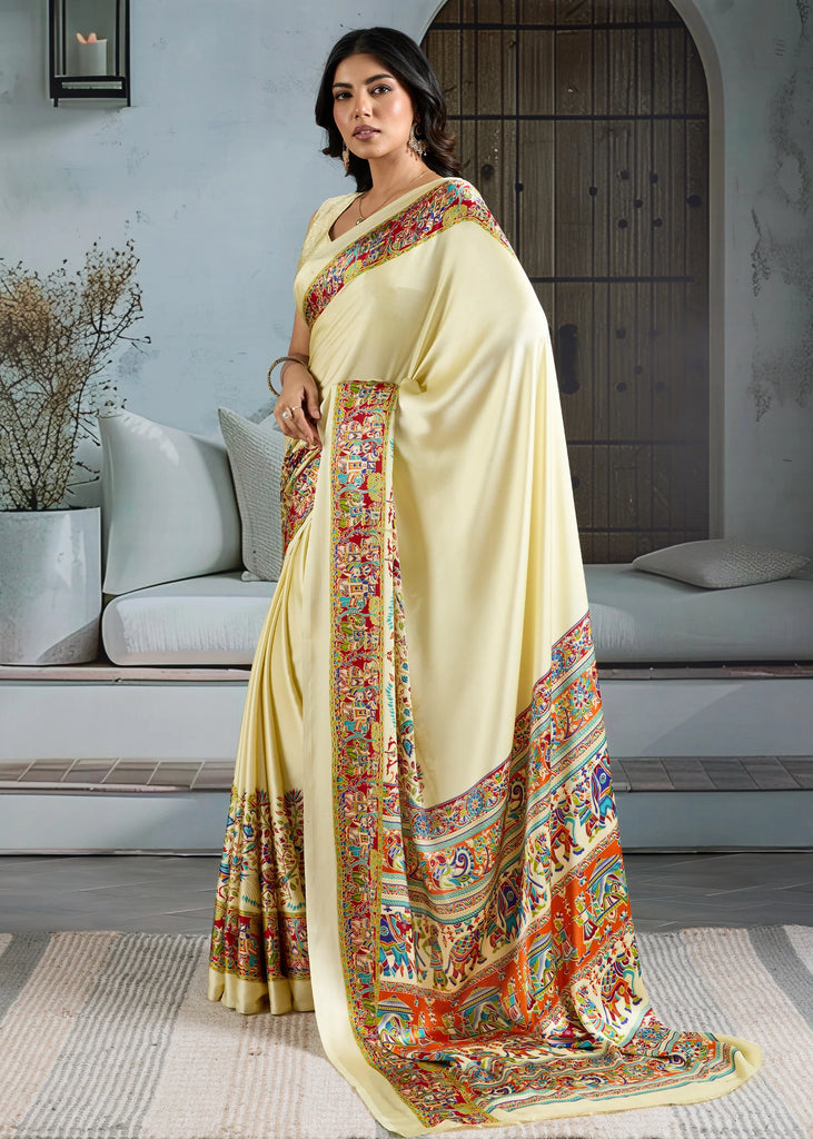 Cream Printed Satin Silk Saree
