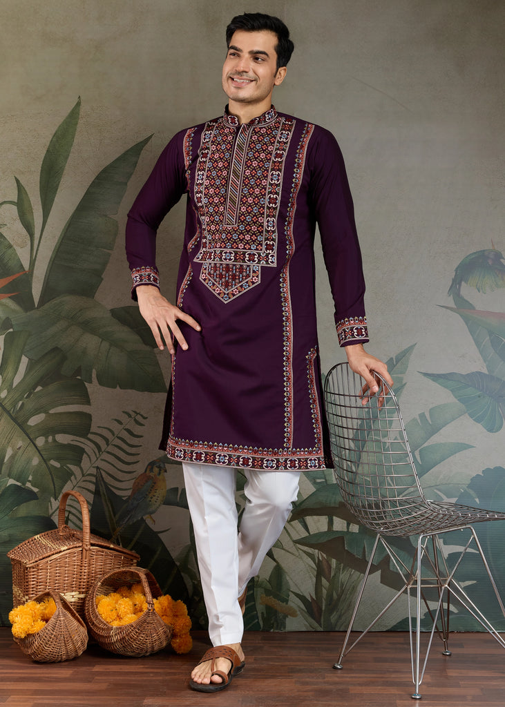 Wine Purple Embroidered Stitched Kurta Set
