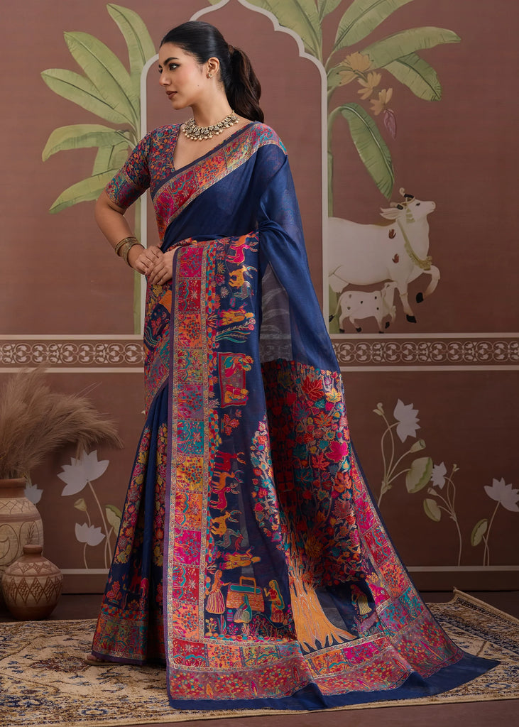 Midnight Blue Woven Cotton Kashmiri Jamewar Saree