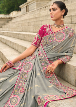 Silver Grey Woven Banarasi Designer Silk Saree With Embroidered Blouse