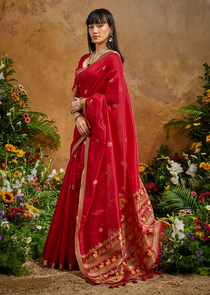 Ruby Red Woven Banarasi Silk Saree