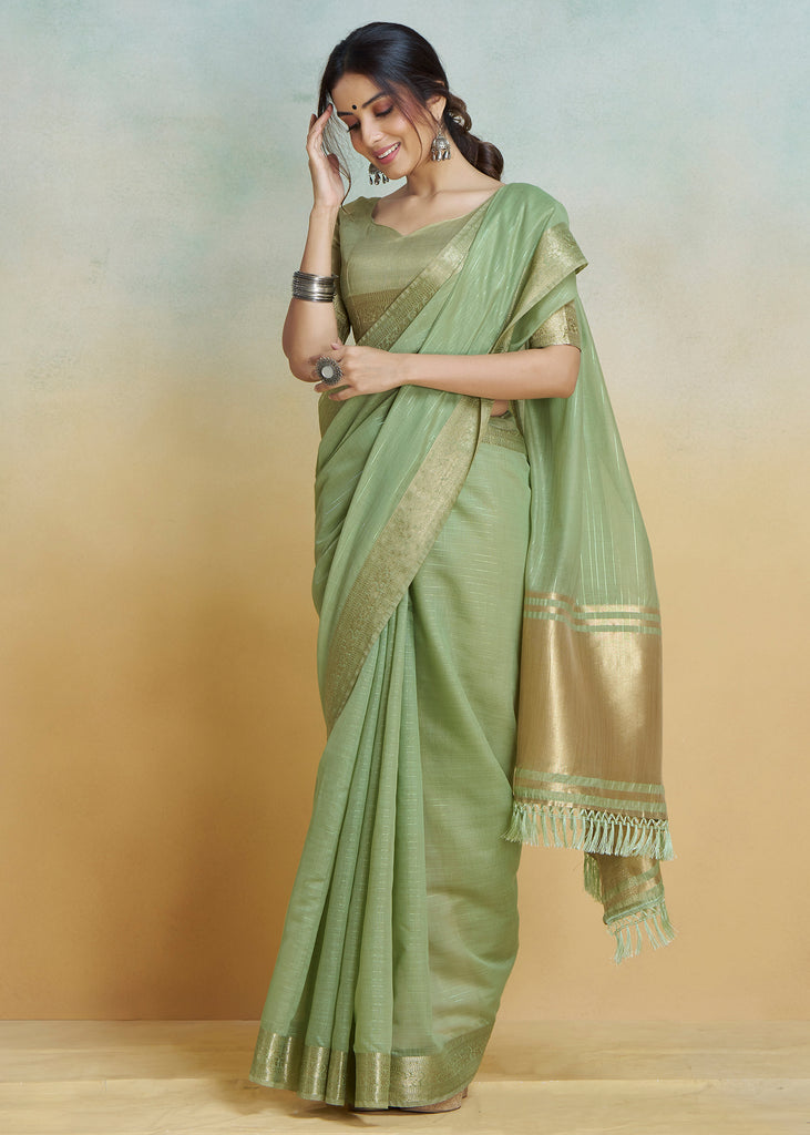 Fair Green Woven Banarasi Linen Silk Saree