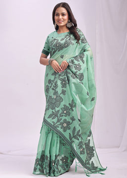 Sea Green Woven Cotton Linen Silk Saree