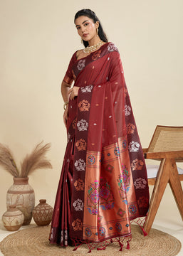 Deep Maroon Woven Bronze Zari Paithani Silk Saree