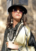 Beige And Black Printed Satin Silk Saree
