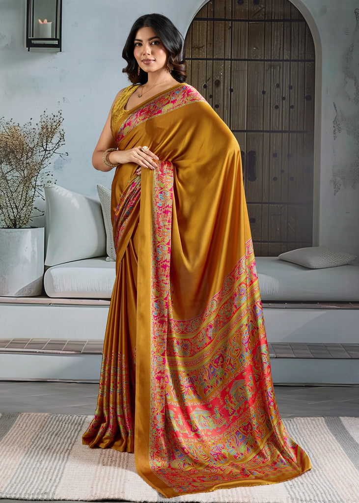 Golden Yellow Printed Satin Silk Saree