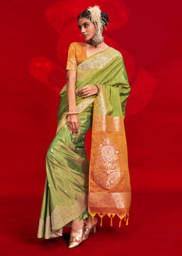 Pistachio Green Woven Banarasi Silk Saree