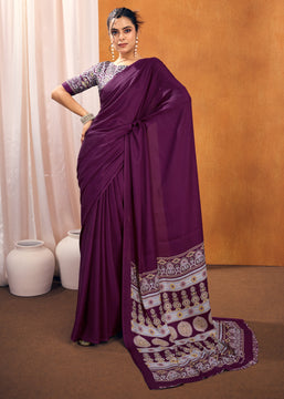Passion Purple Satin Silk Saree with Ajrakh Printed Pallu and Blouse