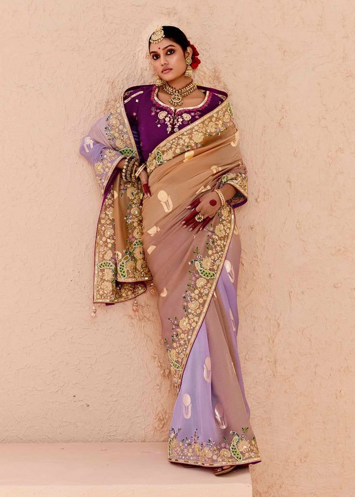 Beige And Purple Heavy Embroidered Designer Silk Saree