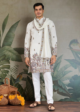 White Sequence Embroidered Cotton Kurta With Dupatta