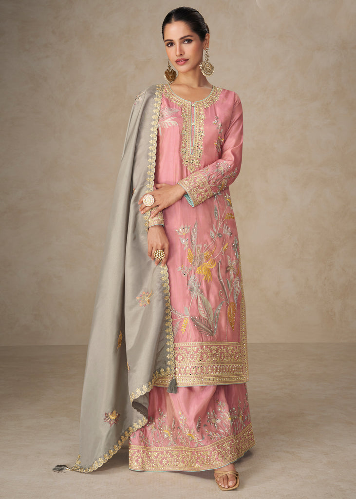 Rose Pink Heavy Embroidered Traditional Palazzo Suit Set
